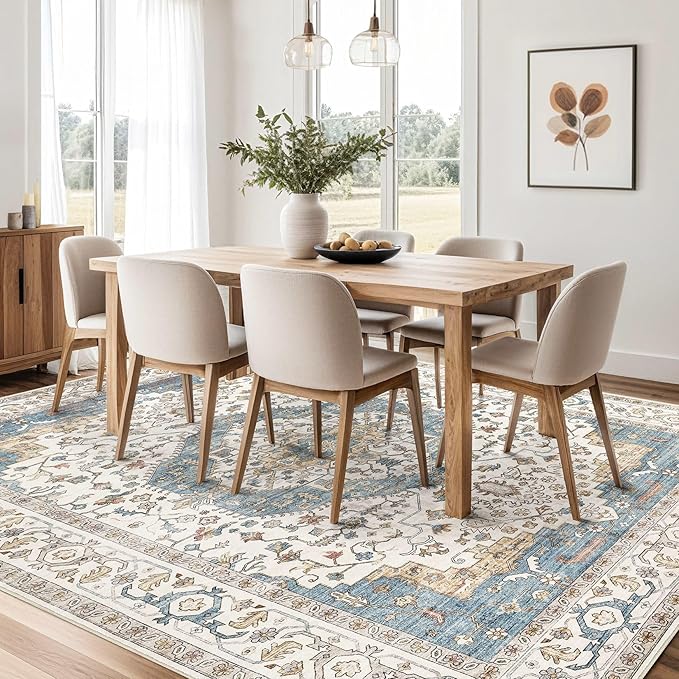 12x18 Area Rugs for Living Room - Large Carpet Ultra Thin Soft Washable Oriental Vintage Floral Distressed Big Indoor Carpets for Bedroom Nursery Dorm Home Decor Aesthetic - Blue/Beige