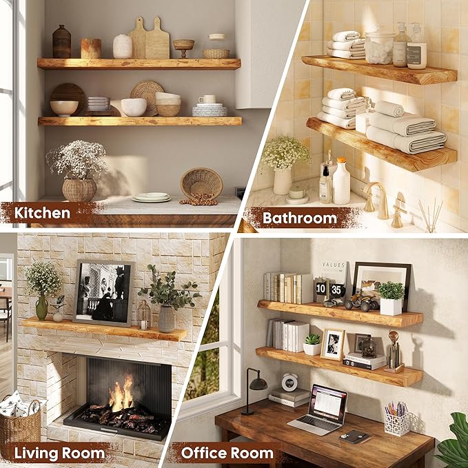 Live Edge Floating Shelf 55 Inch Extra Long | Solid Rustic Elm Wood with Invisible Brackets | Wall Mounted Shelf for Living Room, Kitchen, Bathroom | Natural