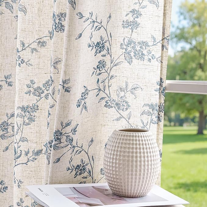 jinchan Blue Floral Linen Curtains 84 Inch Country Drapes Back Tab 2 Panels | Blue on beige, light filtering, semi sheer, farmhouse, rustic, privacy, bedroom, living room, laundry, window treatment
