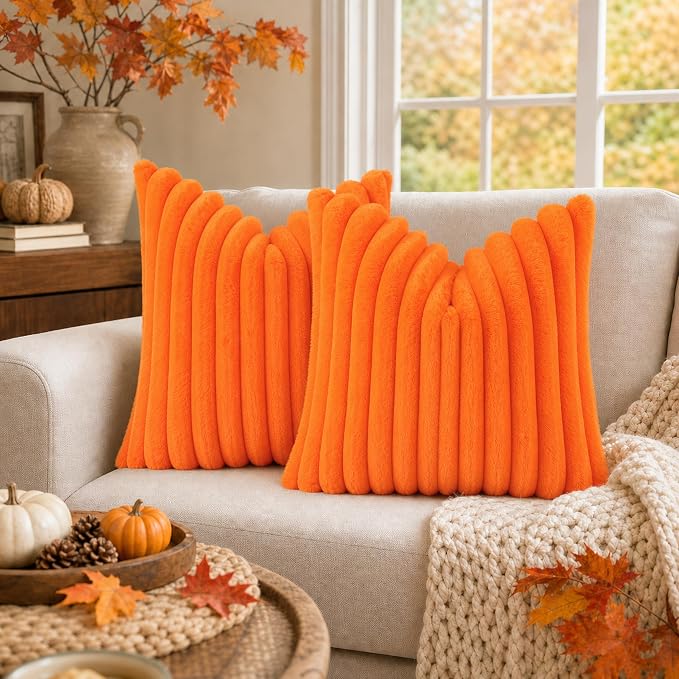 decorUhome Fall Cozy Faux Fur Throw Pillow Covers 26x26 Set of 2 Decorative Soft Plush Striped Modern Farmhouse Boho Couch Euro Sham Pillow Cases with Velvet Back for Sofa Bed Living Room, Orange