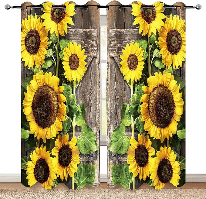 Sunflower Wood Barn Door Floral Blackout Curtains Flower Rustic Brown Vintage Wooden Farmhouse Decor Women Girl Ladies Home Bedroom Living Room Darkening Grommet Window Drapes 2 Panel Set, 52x84 Inch