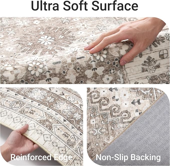 befbee 4x6 Rugs for Living Room Bedroom,Non-Slip Washable Rug,Stain Resistant Lightweight Area Rugs for Dining Room,Ultra-Thin Indoor Floor Carpet (Brown/Beige, 4'x6')