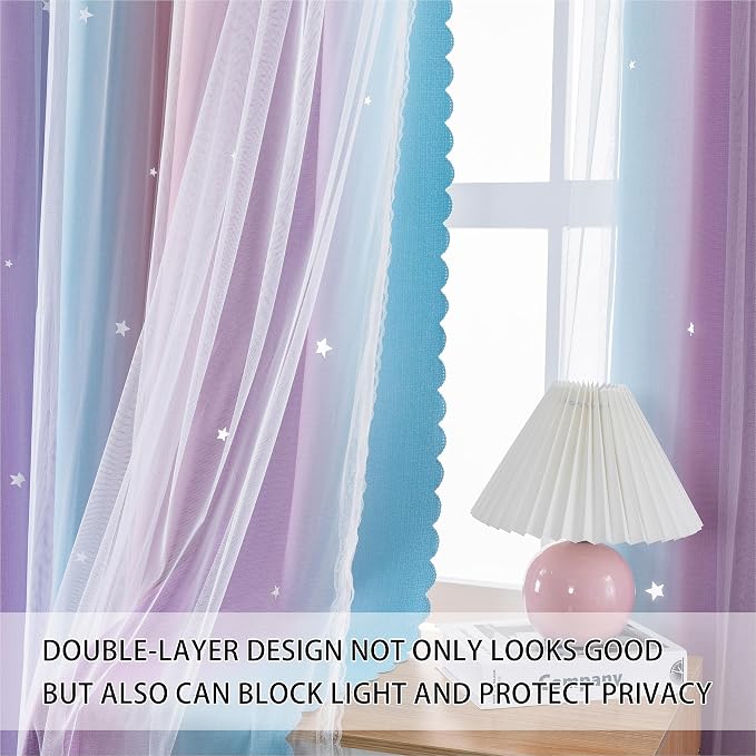 XiDi Dream Star Blackout Curtains for Kids Rooms Girl Princess Curtain for Daughter Bedroom 84 inches Long (Pink Purple, W52 X L84)
