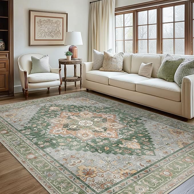 GENIMO 5x7 Area Rugs for Living Room, Machine Washable Non Slip Vintage Rugs, Low Pile Lightweight Print Rug for Bedroom, Dining Room, Home Office,Sage Green