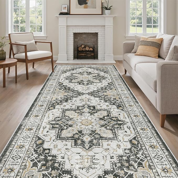 Madane 4x10 Wide Hallway Runner Rug Washable for Living Room, Black | Soft Stain Resistant Ktichen Runners 10ft, Vintage Non Slip Low Pile Area Rugs, Thin Floor Carpet for Bathroom Dining Bedroom