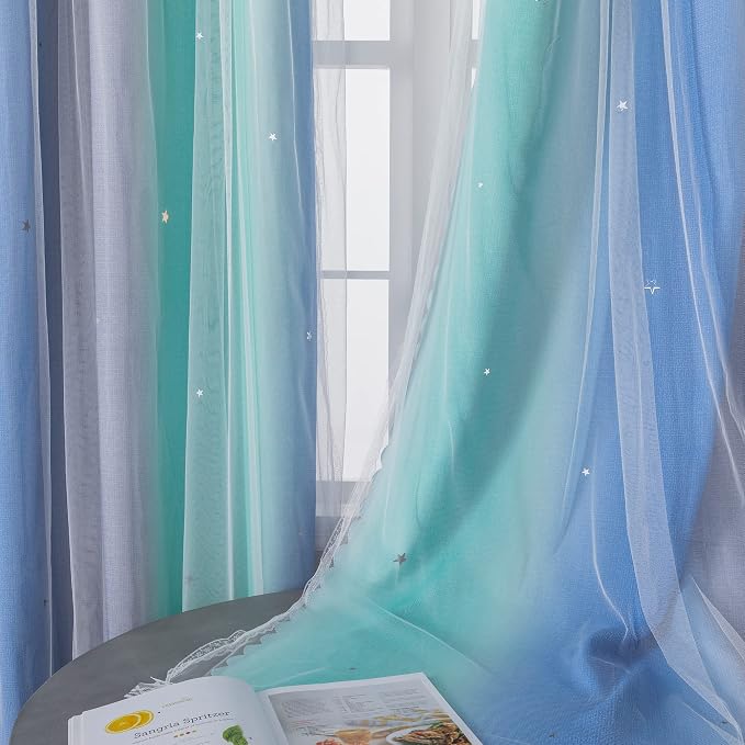 XiDi Curtains for Bedroom Decor, Rainbow BluGrenGrey-52-54