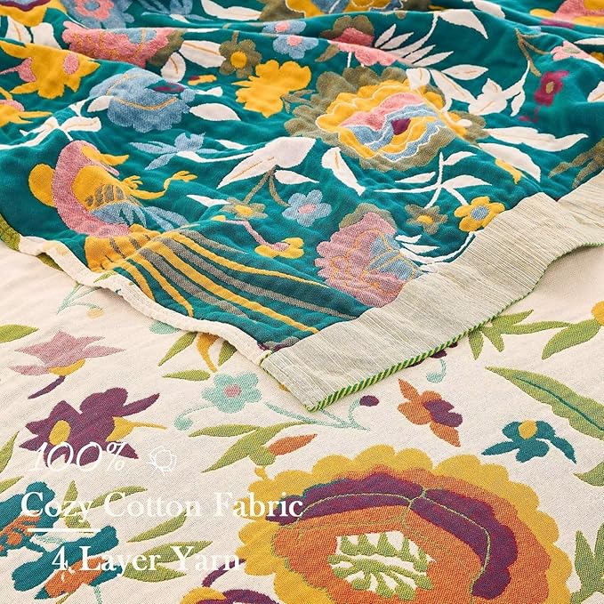XIBLC Boho Throw Blanket for Bed, 100% Cotton Soft Rustic Quilt Fall Blanket, 60"x80" Floral Printed Farmhouse Decor Bed Blankets, All Season Rustic Reversible Bohemian Throw Quilt
