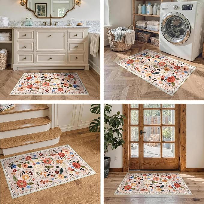 2x3 Washable Area Rug for Entryway Vintage Boho Floral Rug Non-Slip Low Pile Soft Faux Wool Small Carpet Kids and Pets Friendly for Bathroom Bedroom Kitchen Hallway Bedside Home Decor Rug Beige Pink