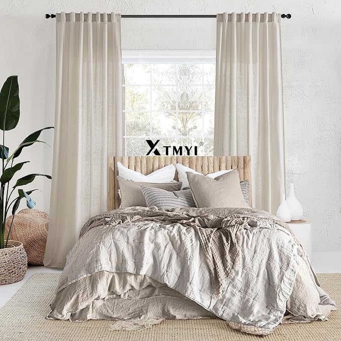 XTMYI Oatmeal Beige Back Tab/Hook Belt Linen Cotton Sheer Curtains 120 Inches Long for Living Room Bedroom 2 Panels Set