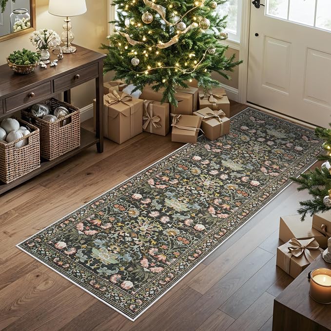 Hallway 2x5 Washable Runner Rug: Oriental Floral Stain Resistant Rug for Entryway Kitchen Farmhouse Soft Carpet for Bathroom Bedroom Thin Laudry Living Room Floor Mat with Non Slip Backing(2x5,Green)