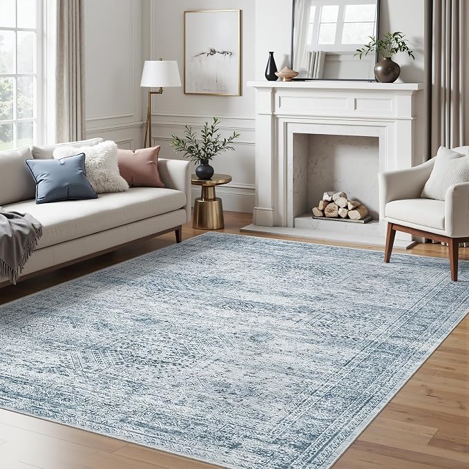 Soalmost 5x7 Area Rugs Blue Low Pile Indoor Washable Trendy Faded Style Rugs for Bedroom Living Room Dining Room Foldable Non-Slip Thin Print Mat