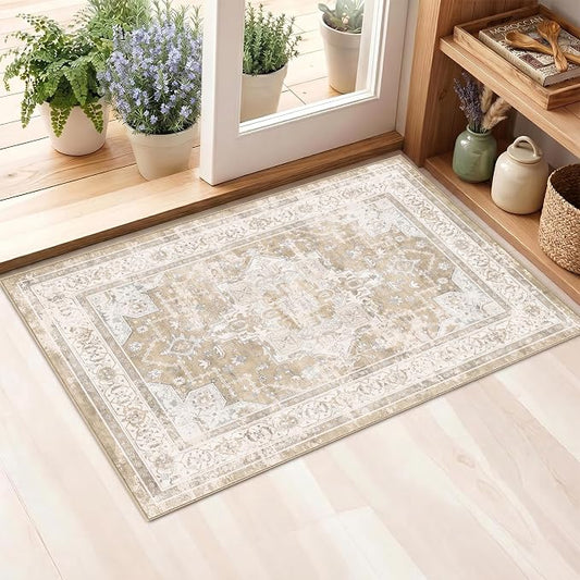 2x3 Rug for Entryway Hallway-Vintage Farmhouse Boho Floral Neutral Washable Stain Resistant Indoor Rugs for Home Decor(Beige&Brown)