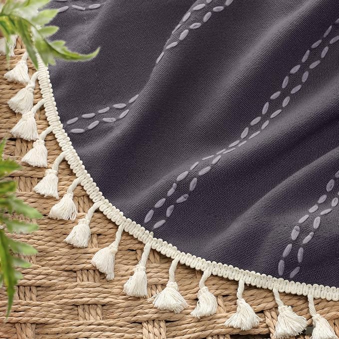 Gray Purple Boho Blackout Curtains 2 Panels 84 Inch for Living Room Bedroom, Linen Texture Farmhouse Curtains with Tassels and Purple Cotton Embroidery Vintage Rustic Country