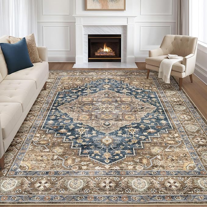 7x9 Area Rug Living Room: Washable Boho Large Neutral Vintage Soft Rug Stain Resistant Farmhouse Non-Slip Indoor Floor Carpet for Bedroom Nursery Kids Office Dining Room Playroom- Yellow Blue