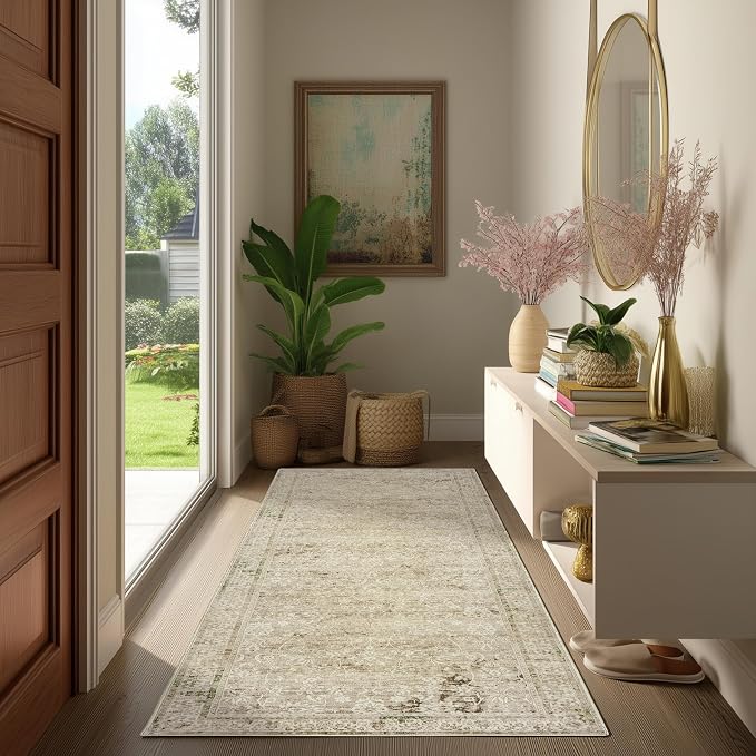 Neutral Farmhouse Hallway Rug Runner 2x6 Washable Non Slip Rubber Backing Vintage Modern Boho Runners Rugs for Entryway Indoor Kitchen Bathroom,Tan Brown and Cream Beige