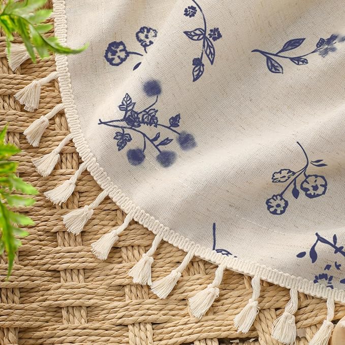 Boho Floral Spring 100% Blackout Curtains 84 Inch Length 2 Panels Set, Linen Texture Farmhouse Curtains with Beige Tassel for Living Room Bedroom, Vintage Rustic Rod Pocket, Dark Blue