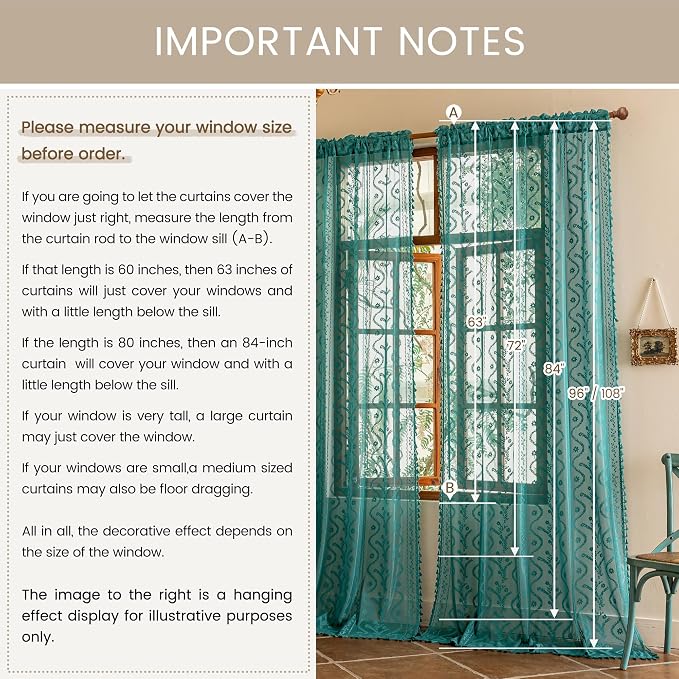 WAZZIO Boho Lace Curtains 2 Panels 63 Inch -Victorian Sheer Panel Drape French Country Floral Pattern & Tassel Light Filtering Privacy for Bedroom Dining Living Room,Coastal Decor,Teal,W52x L63