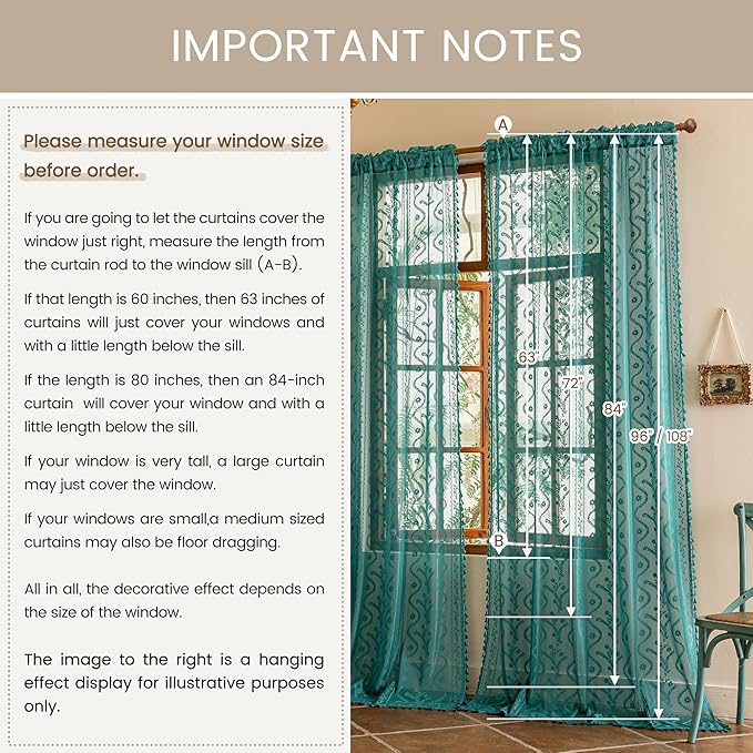 WAZZIO Boho Lace Curtains 2 Panels 96 Inch -Victorian Sheer Panel Drape French Country Floral Pattern & Tassel Light Filtering Privacy for Bedroom Dining Living Room,Coastal Decor,Teal,W52x L96