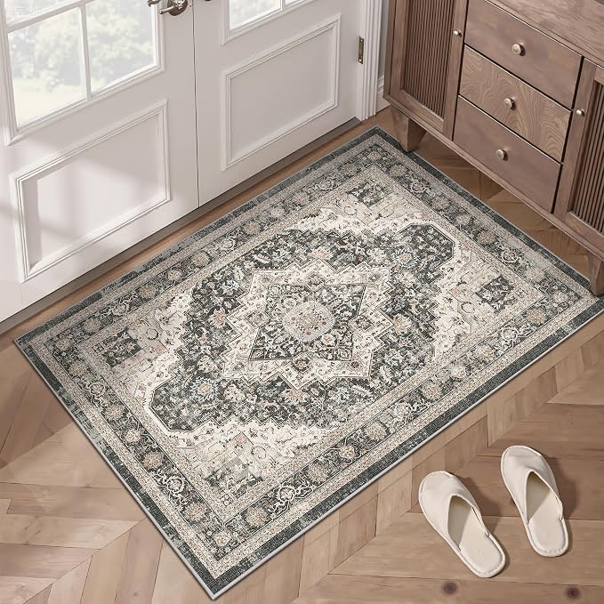 Roxstand 2x3 Washable Entryway Area Rug, Black/Beige | Low-Pile Carpet, Non-slip Backing, Stain Resistant, Rug for Kitchen, Laundry Room, Entryway, Vintage Design