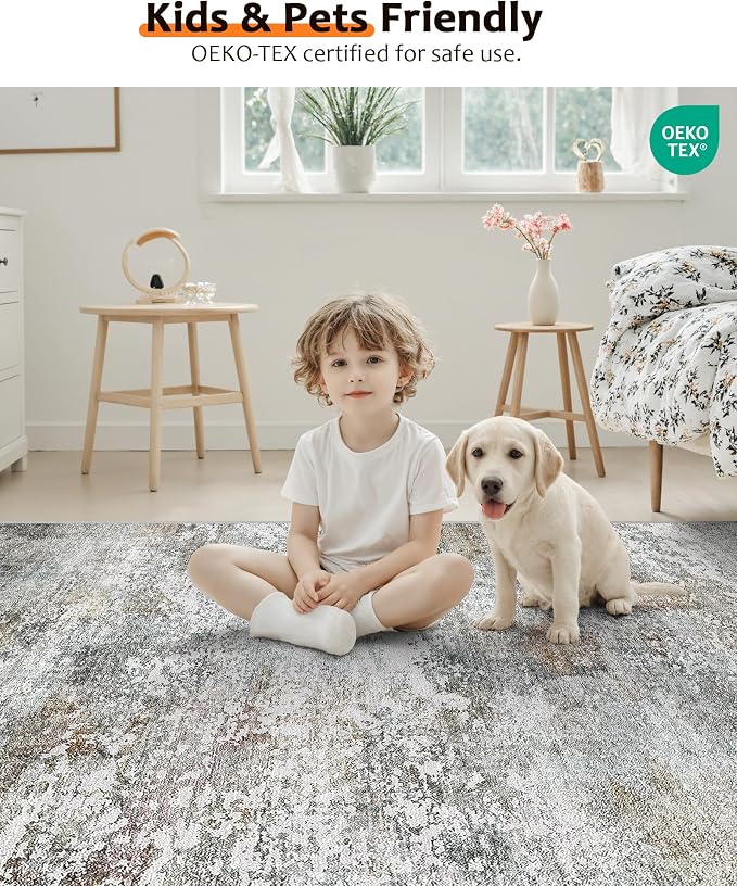 Art&Tuft 9x12 Area Rug - Abstract Large Area Rugs with Anti-Slip Backing, Stain Resistant Area Rugs 9x12 Living Room, Foldable Machine Washable Area Rug(9'x12', Grey/Rust)