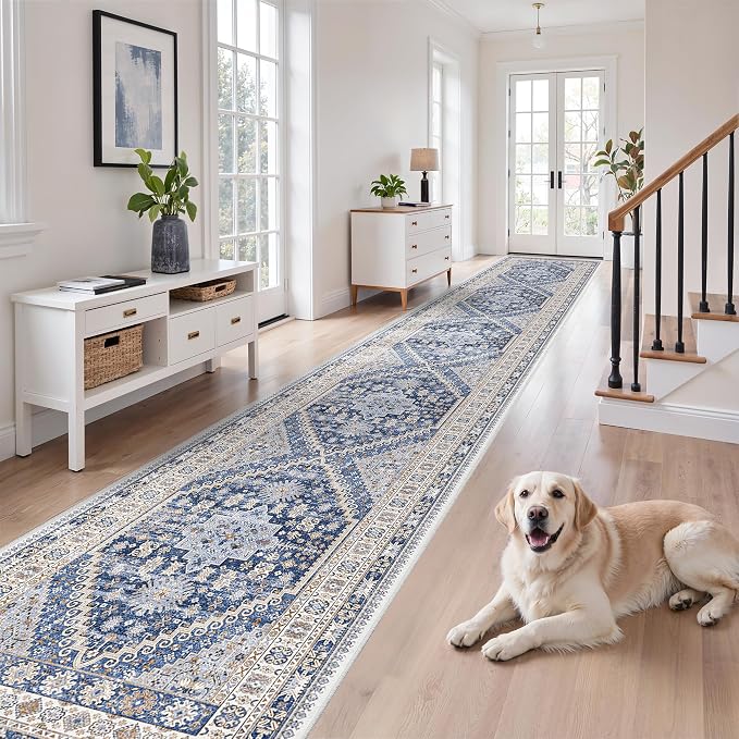 zesthome 3x16 Washable Runner Rug for Hallway, Non-Slip Long Hallway Runner for Entryway, Soft Vintage Kitchen Mats for Floor, Abstract Dining Room, Bedroom, Living Room Rugs(Blue/Beige,3'x16')
