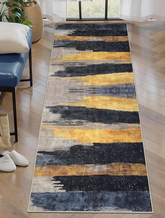 Ciicool 2x6 Washable Runner Rug, Modern Abstract Hallway Rugs Runner, Non-Slip Thin Accent Rug Lightweight Black Gold Print Distressed Carpet for Laundry Entryway Bedroom Kitchen Indoor