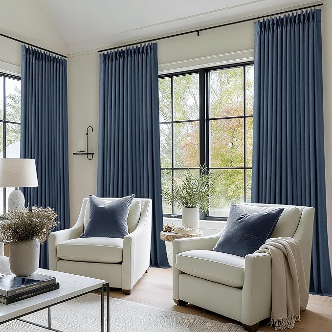 Navy Pinch Pleated Blackout 102 Inch Bedroom Curtains 2 Panels Set Linen Dual Layer Soundproof Dark Blue Window Drapes for Living Room with Back Tab 100% Black Out Window Drapes