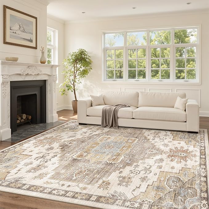 befbee 8x10 Area Rugs for Living Room, Stain Resistant Neutral Washable Rugs for Dining Rooms, Floral Vintage Non-Slip Thin Large Size Area Rug(Brown)