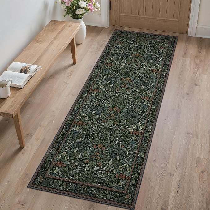 GENIMO 2x5 Washable Kitchen Runner Rug, Non Slip Hallway Mat, Dark Green | Vintage Boho Floral Low Pile Thin Mat for Entryway, Kitchen, Bedroom, Indoor Decor