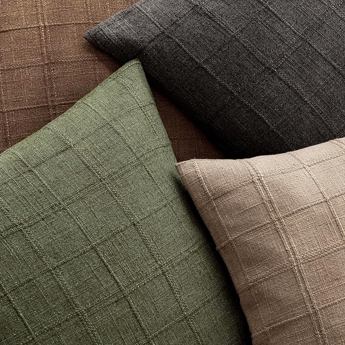 Foindtower Set of 2 Decorative Linen Check Throw Pillow Covers Neutral Farmhouse Vintage Cushion Covers Modern Boho Home Decor for Sofa Chair Couch Bedroom Living Room,26×26 Inch,Olive Green