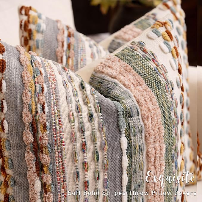 Boho Chenille Tufted Throw Pillow Covers 18x18 Inch Set of 2 Farmhouse Colorful Woven Striped Decorative Pillowcases for Couch Sofa Bed