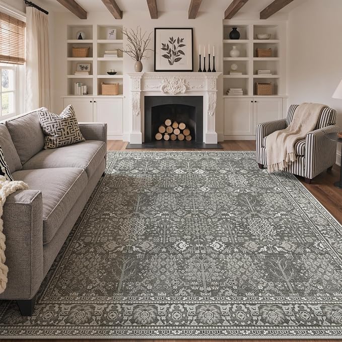 Bavni 2x8 Rug Runners for Hallways, Washable Runner Rug Non Slip,Vintage Floral Print Style Rugs for Bedroom-Lightweight Low Pile Carpet for Hallways Bathroom, Grey