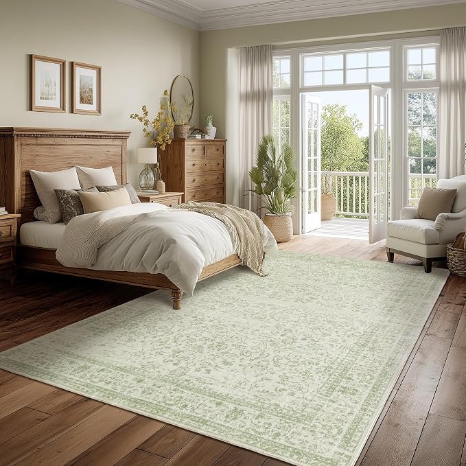 Sage Green Rug 5x7 Baby Girl Nursery Decor Neutral Boho Floral Pattern Distressed Design Washable Soft Cottagecore Area Rugs for Living Room Bedroom Light Green Low Pile No Slip Carpet 5 x 7
