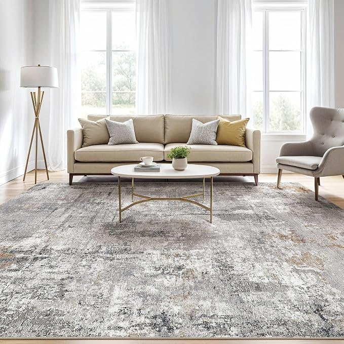 12x15 Area Rug Living Room: Washable Large Abstract Modern Soft Rugs Stain Resistant Indoor Floor Non Slip Accent Carpet for Bedroom Nursery Playroom Office Dining Room Dorm Home House- Gray Rust