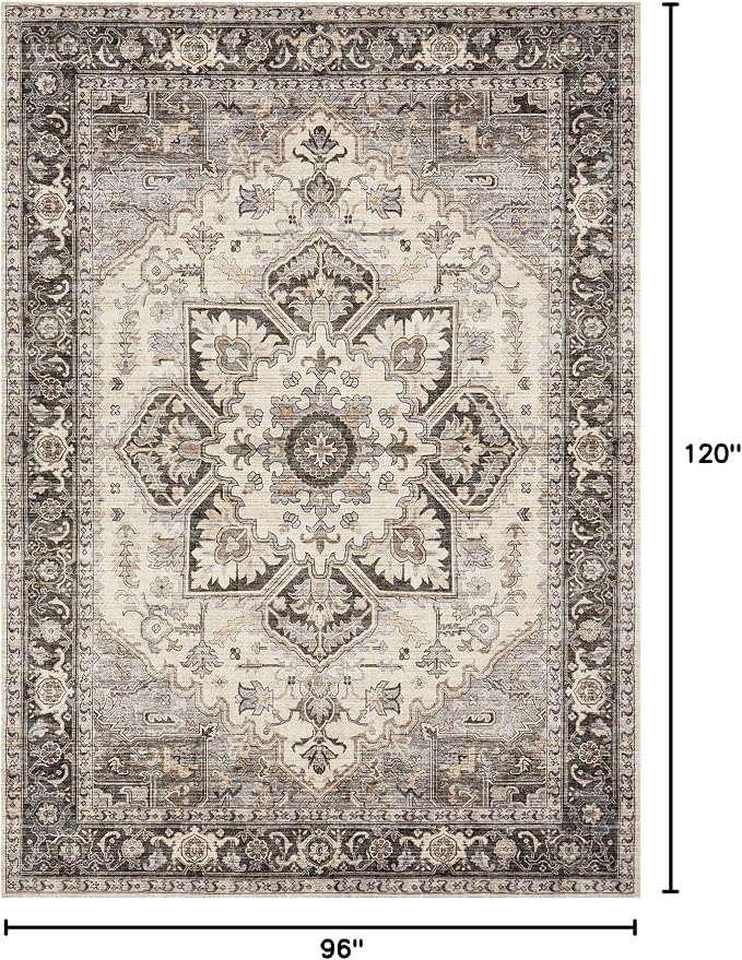 Area Rug for Living Room - 8x10 Soft Machine Washable Oriental Vintage Floral Distressed Large Indoor Floor Carpet for Bedroom Under Dining Table Home Office Decor - Grey Brown