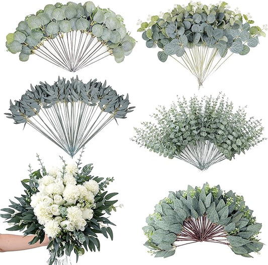 240 Pcs Mixed Eucalyptus Leaves Stems 5 Kinds Artificial Bulk Fake Silver Dollar Eucalyptus Bundle Faux Plants Greenery for DIY Wedding Vase Bouquets Floral Arrangement Engagement Decor （Green）