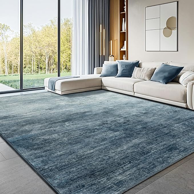 9x12 Washable Area Rug, Blue Solid Area Rugs for Living Room & Bedroom | Stain-resistant & Non-slip backing,Low Pile Washable Large Carpet, Solid Vintage Style For High Traffic Areas(9x12,Blue)