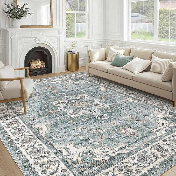 Vintage Living Room Area Rug 9x12 - Large Soft Washable Oriental Traditional Distressed Farmhouse Rugs for Bedroom - Indoor Floor Accent Carpet for Home Office House Decor - Denim Blue