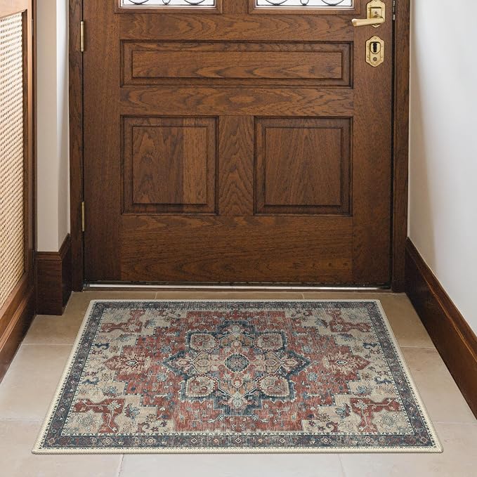 GENIMO Area Rug 2x3 Doormat, Machine Washable Low Pile Rugs, Small Retro Entryway Mat for Entrance, Hallway, Kitchen and Corridor, Bordeaux