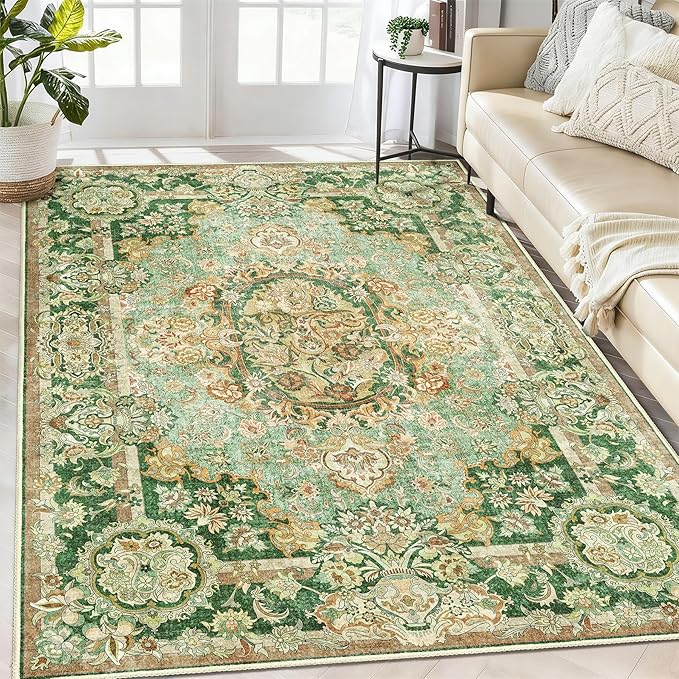 Boho Vintage Floral Area Rug 3x5, Low Pile Non Slip Washable Rug for Entryway Bedroom Living Room, Small Decorative Carpet,Sage Green