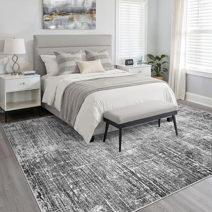 7x9 Area Rug Living Room: Washable Large Neutral Black Rug Abstract Soft Modern Stain Resistant Indoor Floor Non-Slip Carpet for Bedroom Nursery Kids Office Playroom Dining Room Under Table Home