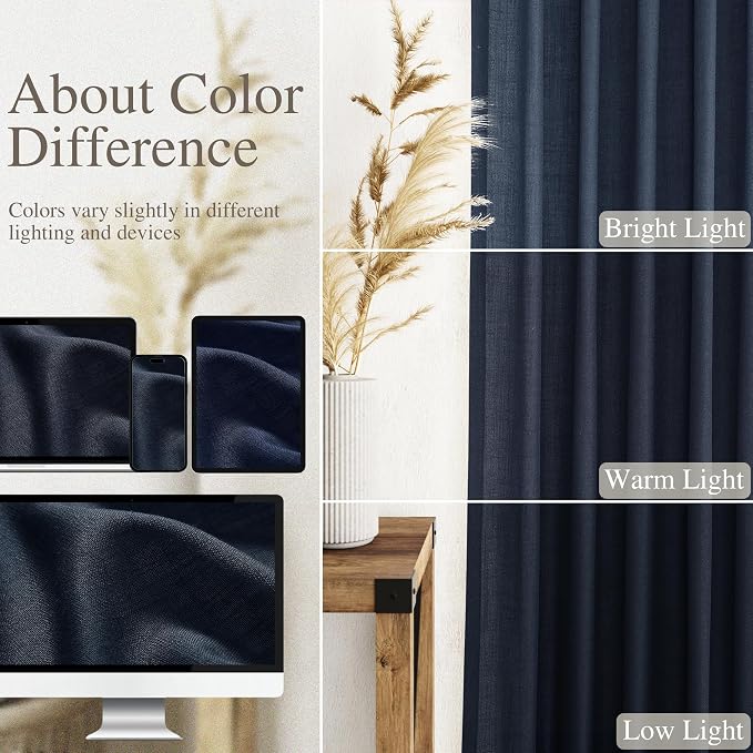 Linen Navy Blue Curtains 108 inch Extra Long for Living Room Back Tab Light Filtering Semi Sheer Drapes Modern Farmhouse Coastal Decor Textured Curtain for Floor to Ceiling High Window 52x108