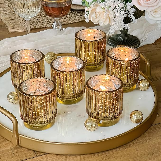 Gold Vintage Ribbed Glass Tealight Votive Candle Holders by Kate Aspen (Set of 6), Fall Decor, Boho Decor, Shelf Decoration | Perfect Hostess Gift or Home Decor (Pack of 6)