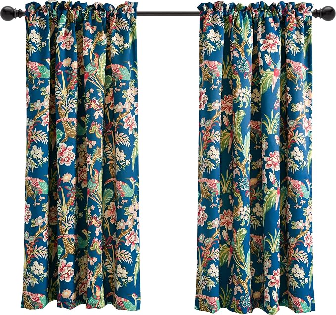 Lush Decor Dolores Light Filtering Window Panels, Pair, 52" W x 63" L, Navy & Multi - Toile Curtains - Floral Bird Print - Grandmillennial & French Country Curtains - Cottage & Maximalist Home Decor