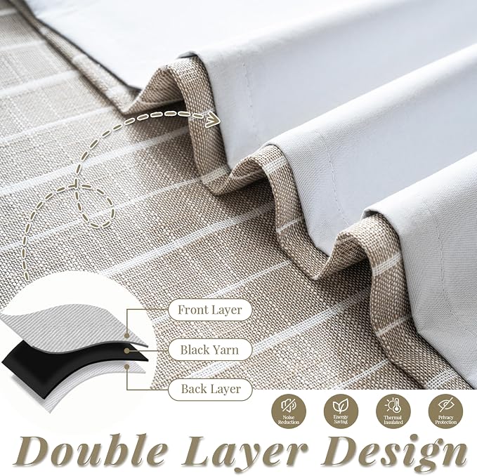 DriftAway Stripe Blackout Linen Curtain Valance Double Layer Farmhouse Country Rustic Hygge Stripe Yarn Dyed Woven Thermal Insulated Rod Pocket Valance W52 x L18 Beige