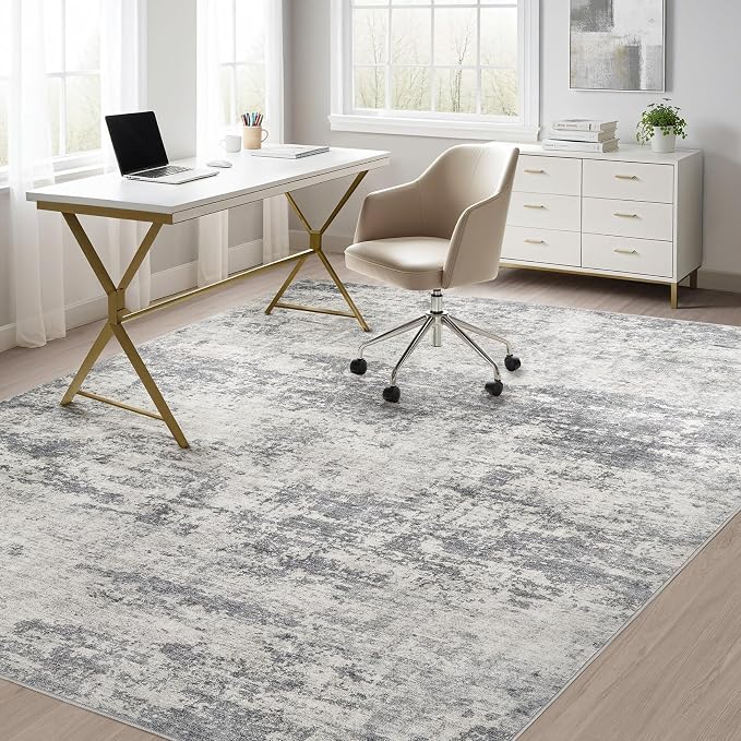 Abstract 5x7 Area Rug: Machine Washable Non Slip Ultra Thin Low-Pile Carpet, Soft Stain Resistant for Living Room Bedroom Nursery, Kid Pet Friendly, Robot Vacuum Compatible - Grey Beige