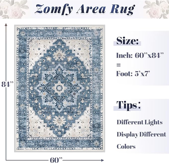 Area Rug 5x7 Vintage Rug: Washable Indoor Medallion Rugs Low Pile Distressed Floor Carpet Retro Accent Rug for Living Room Bedroom Kitchen Dining Table Home Office(Blue, 5'x7')