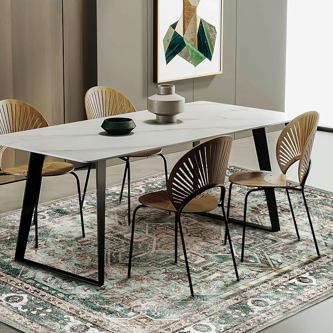 CHAMPLANT Green Area Rug 10'x14' Washable Vintage Traditional Mat Distressed Indoor Foldable Thin Retro Accent Floral Print Rug Non Slip Carpet for Living Room Dining Room Office