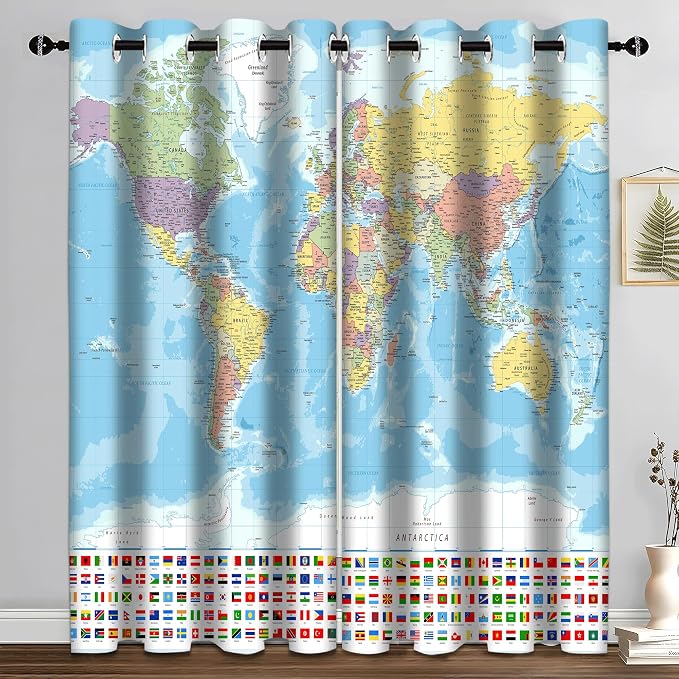 iTapnoom World Map Blackout Curtain, Map of The World with National Educational Fabric Window Curtains, Thermal Insulated Window Drapes for Living Room Bedroom Decor 2 Panels 52 x84 Inches