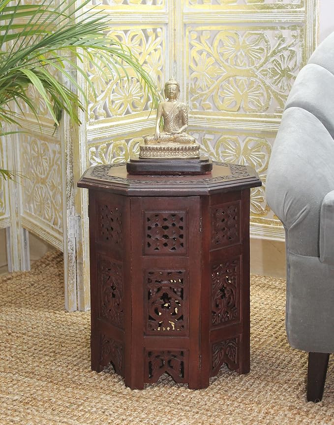 COTTON CRAFT Solid Wood Accent End Table - Hand Carved Vintage Boho Folding Side Table - Small Spaces Entryway Farmhouse Living Room Bedside - No Tools Assembly - 18x18 Octagon - Brown
